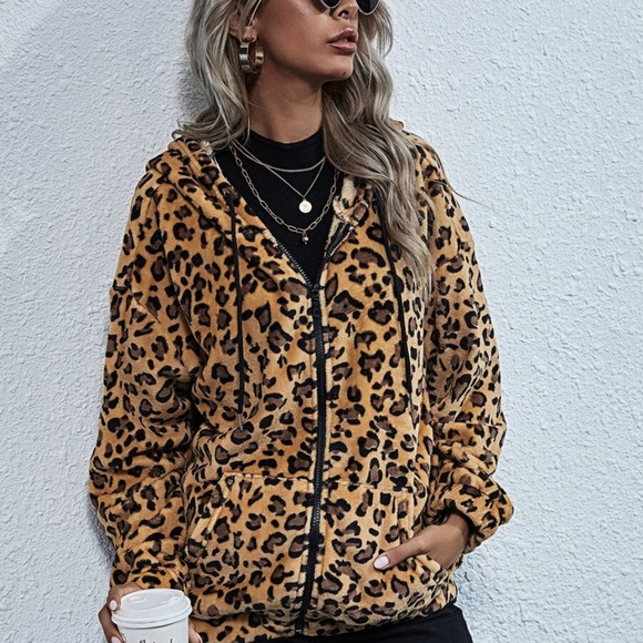 Oversized leopard print hoodie teddy jacket coat - Picture 7 of 7